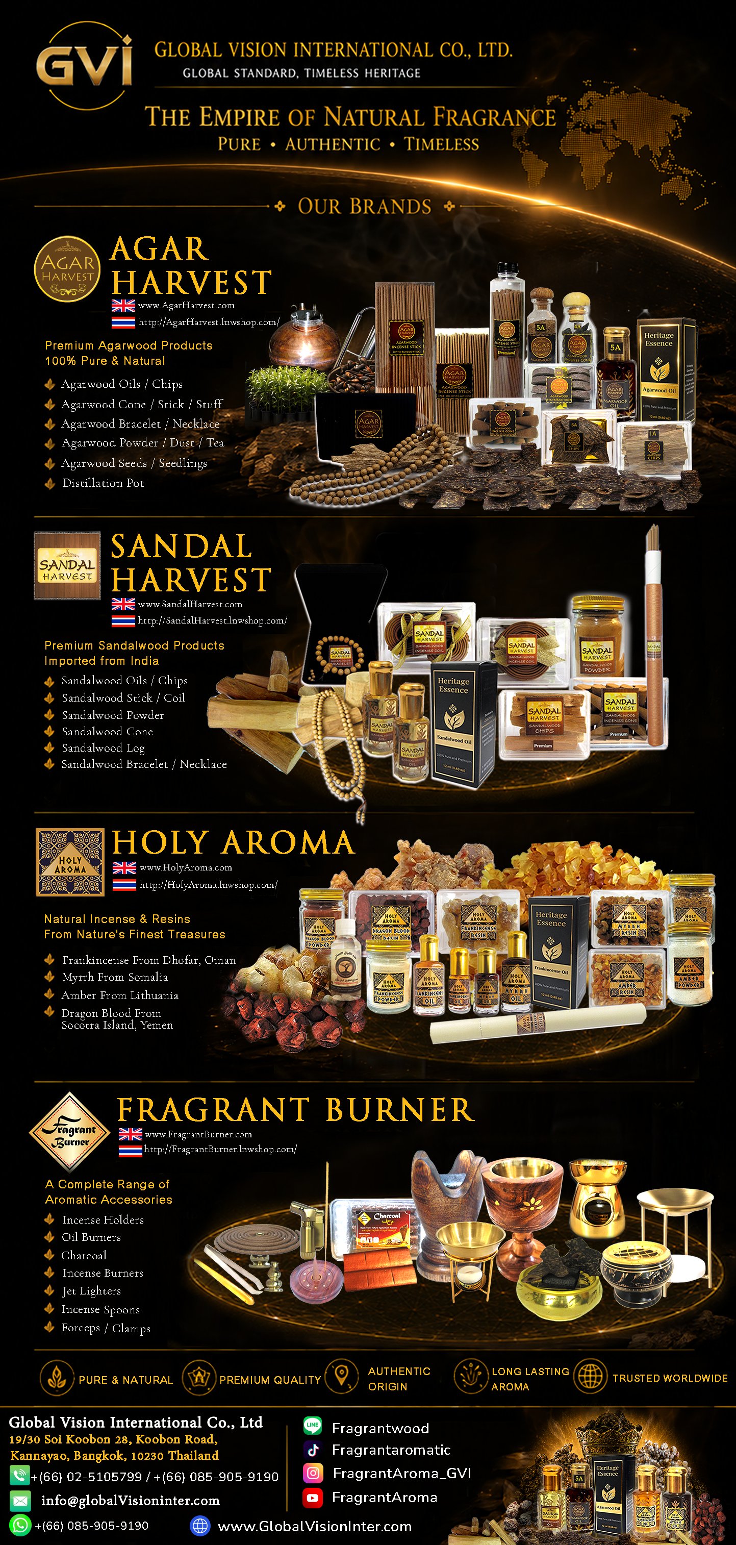 Global Vision International Co., Ltd. – The Empire of Natural Fragrance. Brands: Agar Harvest, Sandal Harvest, Holy Aroma, Fragrant Burner. Premium agarwood, sandalwood, incense and aromatic accessories from Thailand.